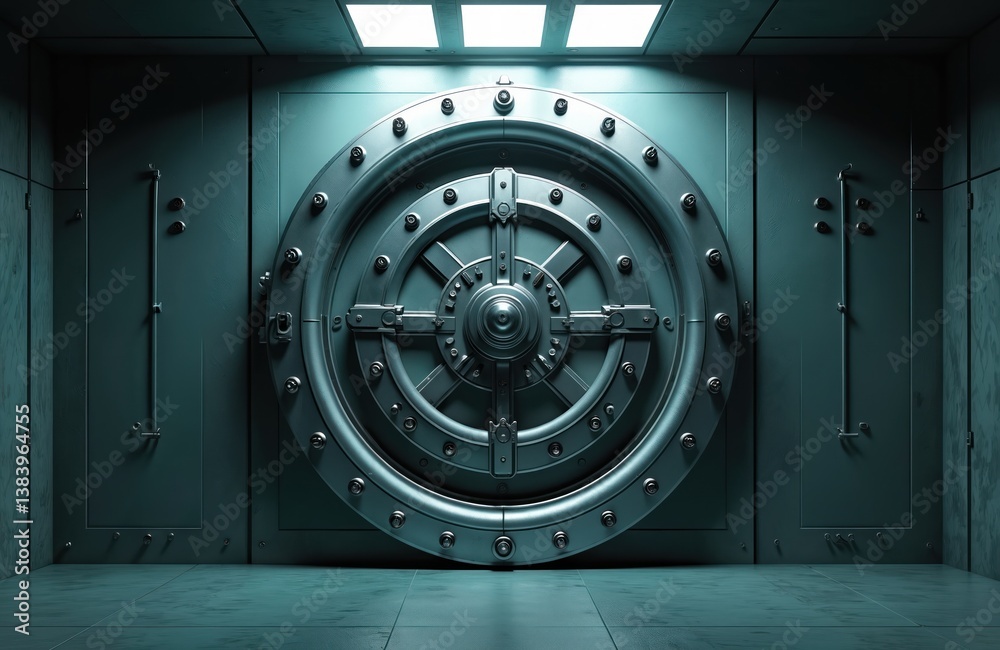 Poster bank vault with massive circle shaped locking door. strong secure access to valuables. secure storag