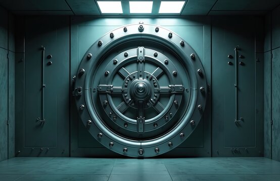 Bank vault with massive circle shaped locking door. Strong secure access to valuables. Secure storage entrance. Business, finance, safety concept. Digital tech background.