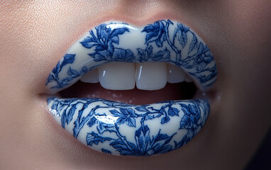 surreal close-up of woman's lips and face with blue floral porcelain patterns, artistic concept blending human skin with ceramic china motifs, fantasy makeup and abstract beauty design
