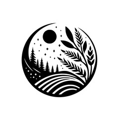 Black & White Nature Illustration: Circle Landscape Design