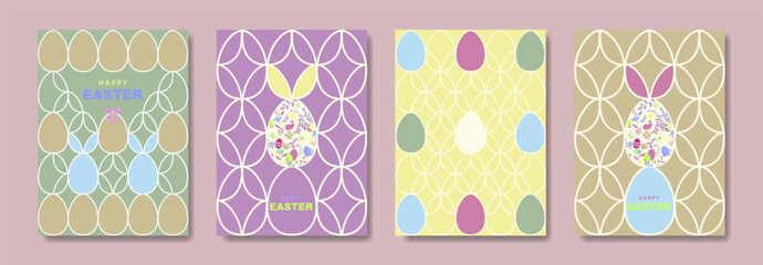 Set card of Happy Easter, Vintage flat design pattern with eggs and bunnies, in pastel colors style. Festive springtime cover. Vector illustration on colorful background with copy space