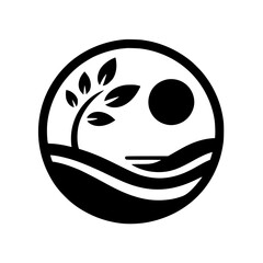 Minimalist Nature Icon: Tree, Sun, & Landscape in Circle