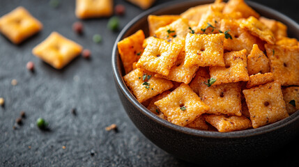 A bowl filled with savory, crispy nibbles symbolizing fun, modern social gatherings, offering a touch of casual elegance and satisfaction for party guests to enjoy together.

