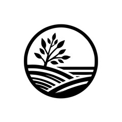 Minimalist Landscape Logo: Tree & Rolling Fields in Circle