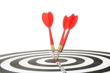 Dart board with red arrows on white background
