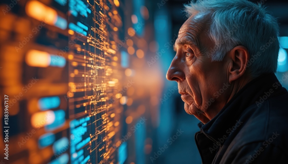 Aufkleber old man looks at futuristic screen with glowing orange and blue lights. technology concept innovatio