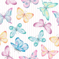 Seamless pattern with hand drawn colorful watercolor butterflies on wavy lines. Perfect for textile, wrapping paper, fabric, backdrop, wall hanging, scrapbooking, home decoration, bedding, wallpaper