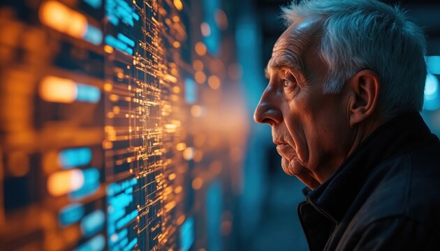Old man looks at futuristic screen with glowing orange and blue lights. Technology concept innovation, digital age, data visualization. Senior citizen explores future tech. - Powered by Adobe