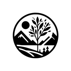 Minimalist Nature Logo: Black and White Circle Design, Tree, Mountains, and Sun
