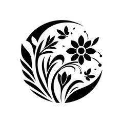Black & White Floral Design in a Circle – Minimalist Silhouette