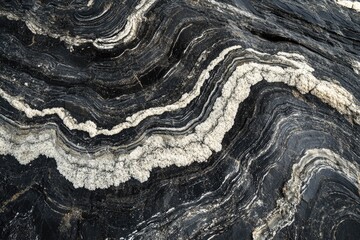 Black and white swirled rock formation with salt deposits, showing geological layers and texture.