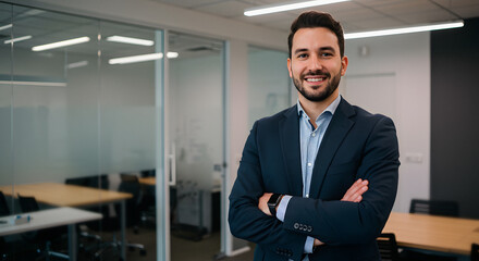 A confident man in a suit smiles with arms crossed in a bright, modern office with glass walls.