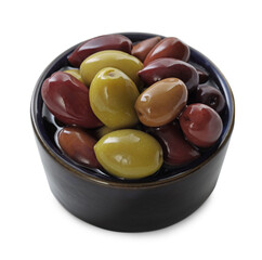 Delicious marinated olives in bowl isolated on white