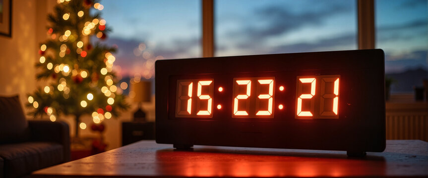 Digital countdown timer in cozy living room, holiday anticipation