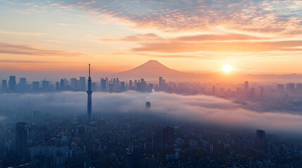 Fototapeta premium Sunrise Over Tokyo City With Mt Fuji And Foggy Atmosphere