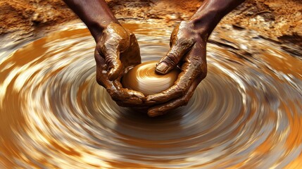 Hands Shaping Clay on Pottery Wheel with Swirling Mud Surrounding