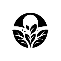 Minimalist Organic Logo: Leaves & Circle, Black & White
