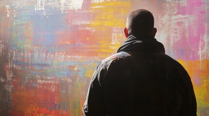 Individual Contemplating Colorful Abstract Artwork in Artistic Space