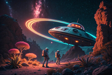 Retro-Futuristic Spaceship Orbiting Neon-Lit Alien Planet with Astronauts in 4K