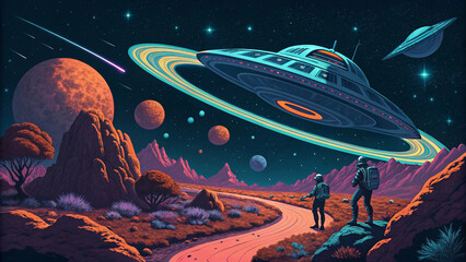 Retro Sci-Fi Space Scene with Spaceship Orbiting Alien Planet and Glowing Rings