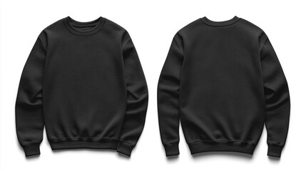 A mockup of a black sweatshirt template, showcasing both front and back views. The long-sleeve cotton sweater is isolated on a white background, emphasizing a modern, minimalist design.

