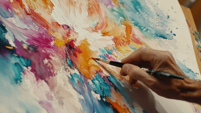 Vibrant Abstract Art with Brush in Hand Creating Colorful Swirls