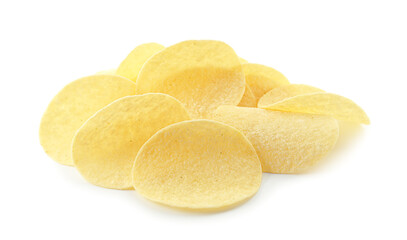 Many tasty potato chips isolated on white