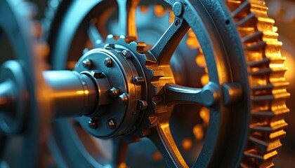 Closeup shot spinning flywheel. Metallic machine gear with rotational momentum energy storage concept. Mechanical engineering, industrial, technology, power, production, automotive, energy transfer.