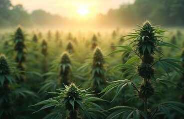 Cannabis plants field at sunrise. Green cannabis leaves with sunlight. Marijuana farm. Hemp cultivation. Medical cannabis, recreational use. Alternative medicine concept. 420 day Happy 420 day