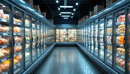 Frozen food section with refrigerator stands in grocery store. Glass door freezers racks with wide assortment of produce. Healthy products assortment for shopping, grocery store, supermarket concept.