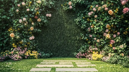 Obraz premium Beautiful Spring Garden Floral Wall Background Lush Roses Greenery Stone Path Summer Flowers Nature Scene Romantic Setting Elegant Design Perfect for 