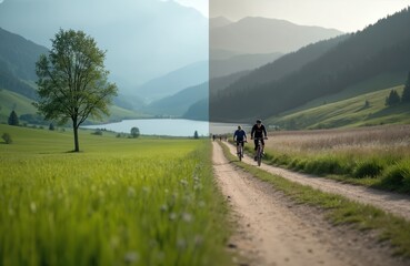 Cyclists ride bikes along dirt road. Mountainous landscape lake, green fields. People explore nature on bicycles. Outdoor recreation, active leisure, physical activity, healthy lifestyle, eco