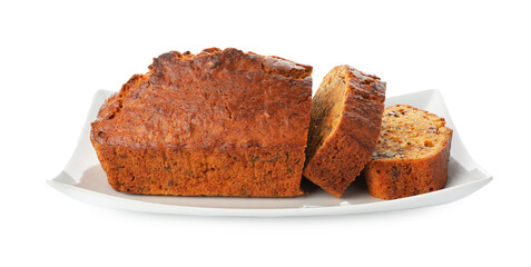 Cut homemade carrot cake with nuts isolated on white