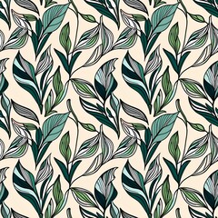 A pattern of green leaves on a beige background.