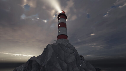 Lighthouse on a rock at stormy sea at night. 3d Rendering
