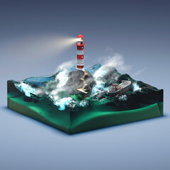 Lighthouse on a rock with ship in a stormy sea. Isometric View. 3D Rendering