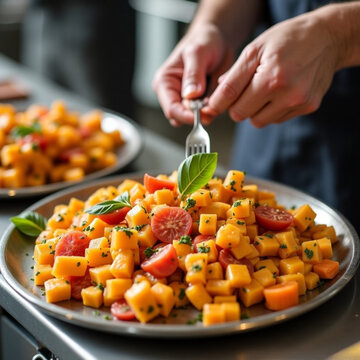 Platos de patatas cocidas con tomates, y las manos del chef con un tenedor