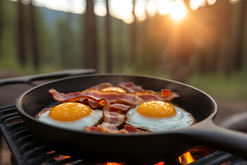 Campfire Breakfast: A cast iron pan sizzles with bacon and sunny-side-up eggs over an open fire, capturing the essence of a delicious outdoor meal.