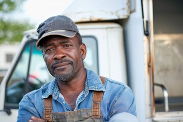 Portrait of a middle aged african american male food truck owner standing in front of his truck