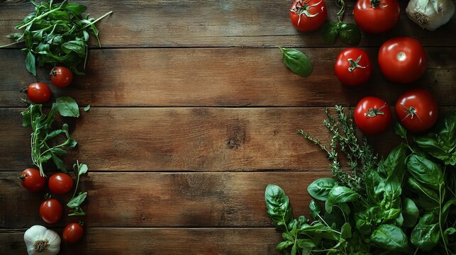 Rustic wooden table with fresh tomatoes basil garlic and herbs for a culinary background use