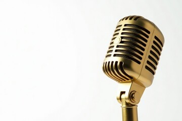 Close-up shot of a single gold hip hop microphone isolated on white , sound, white background, golden