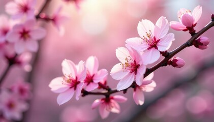 Naklejka premium Delicate pink sakura blossoms, soft petals, gentle branch curves, pattern, aesthetic, floral