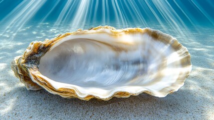 An underwater scene featuring a radiant pearl shell illuminated by sunlight streaming through the water