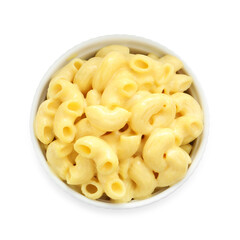 Delicious pasta with cheese sauce in bowl isolated on white, top view