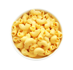 Delicious macaroni and cheese isolated on white, top view