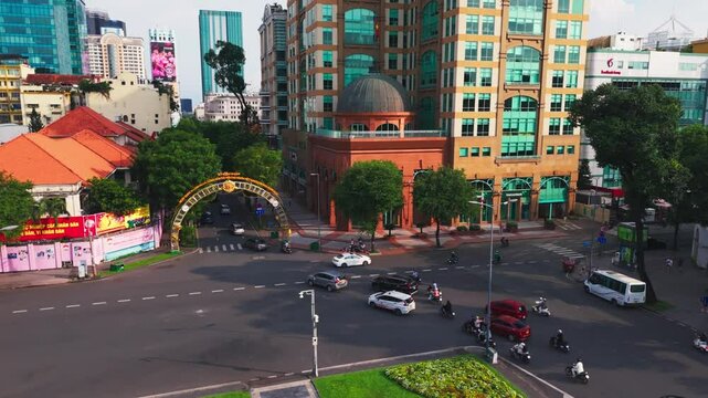 HO CHI MINH VIETNAM - 20 Oct 2024: at morning in Ho Chi Minh City Aerial Shot the iconic facade of the Saigon Central Post Office, 