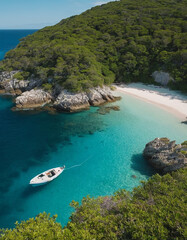 Fototapeta premium Mediterranean Seascape with Boats and Rocky Shore