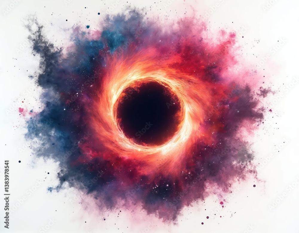 Poster black hole isolated white. cosmic vortex, singularity in universe. space exploration theme, deep spa