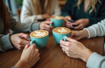 Friends gather cafe wooden table. Hands hold latte cups with art design. People enjoy coffee break, communicate, socialize. Modern interior cafe atmosphere, community, togetherness, friendship.