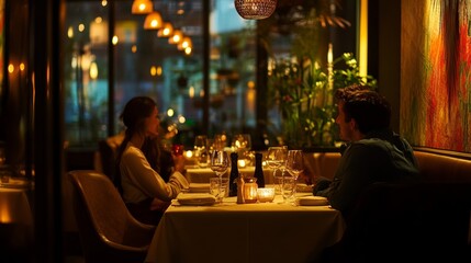 A young couple enjoying a romantic evening at a fine-dining restaurant, with candles on the table and elegant decor